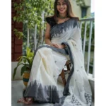 Generic Women's Soft Lilan Printed Saree With Unstitched Blouse 5.5Mtr (White-Black) - Image 2
