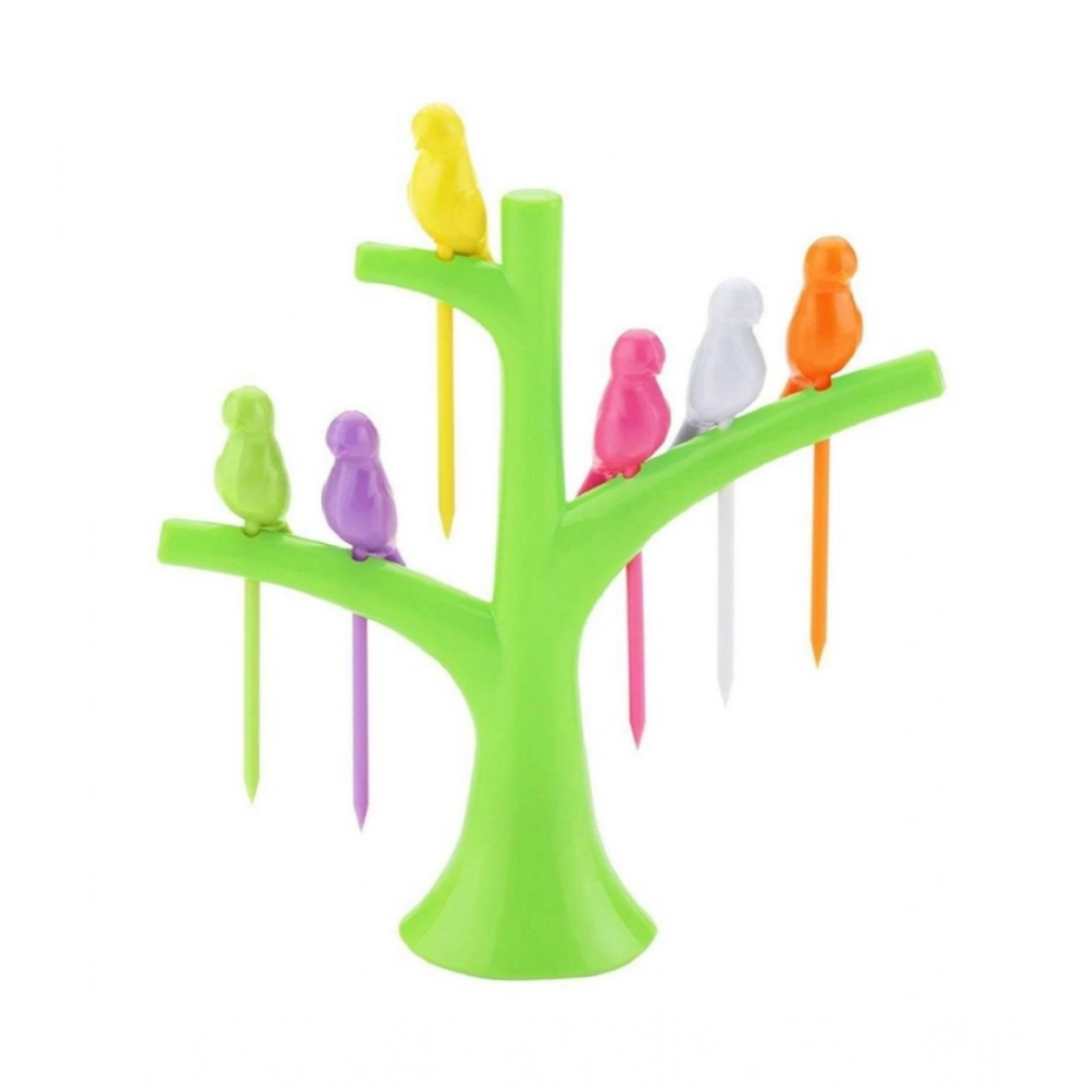 Assorted bird tree fruit fork set with decorative toothpick holder