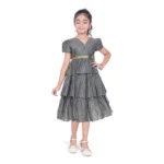 Grey Artificial Silk Striped Girls Dress