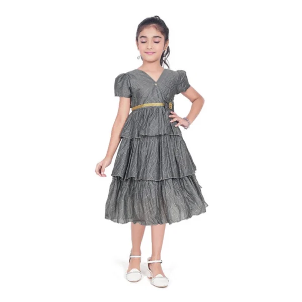 Grey Artificial Silk Striped Girls Dress
