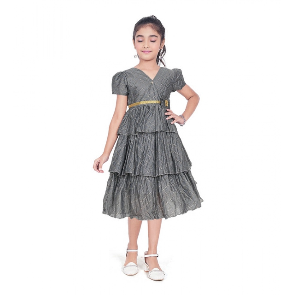 Grey Artificial Silk Striped Girls Dress