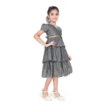 Generic Girl's Artificial Silk Striped Short Sleeve V Neck Dress (Grey) - Image 3