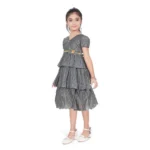 Generic Girl's Artificial Silk Striped Short Sleeve V Neck Dress (Grey) - Image 2