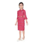 Generic Girl's Knitted Printed 3/4 th Sleeve Close Neck Dress (Pink) - Image 2
