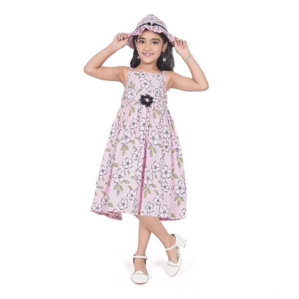 Pink Cotton Printed Sleeveless Girls Dress