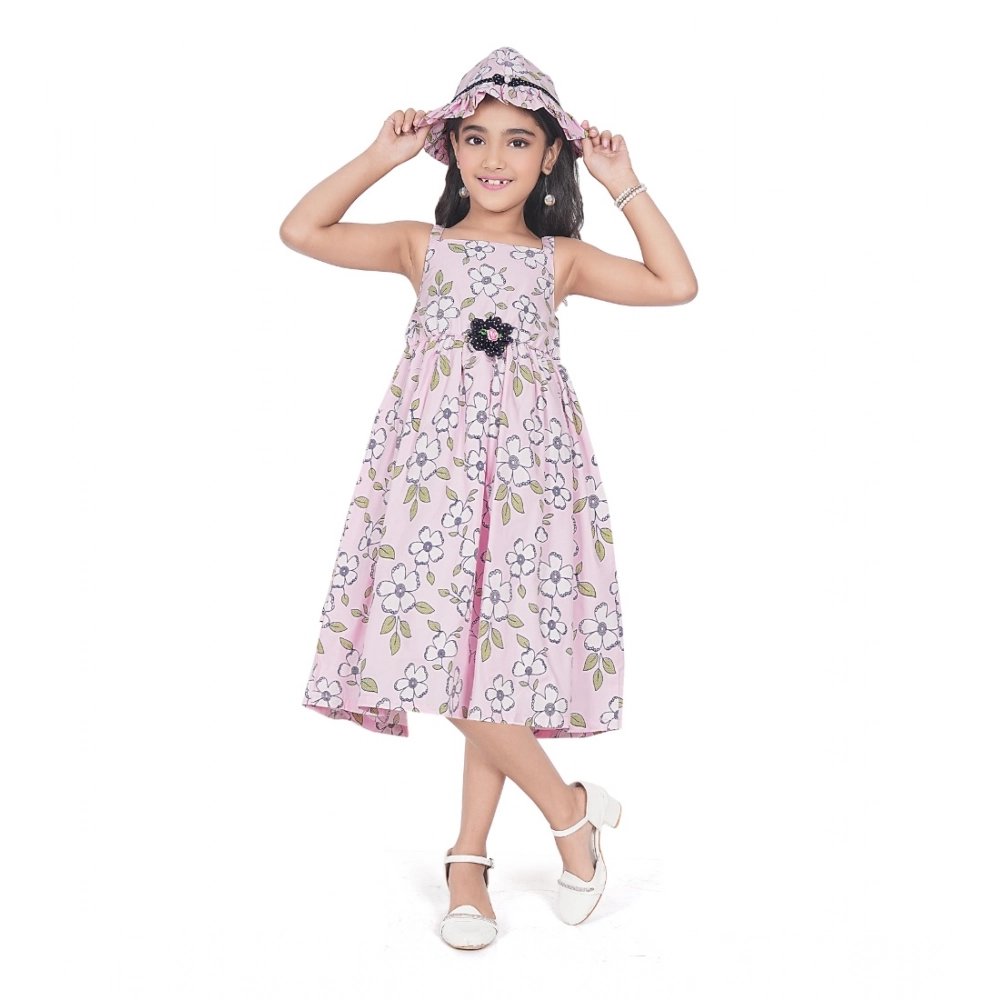 Pink Cotton Printed Sleeveless Girls Dress