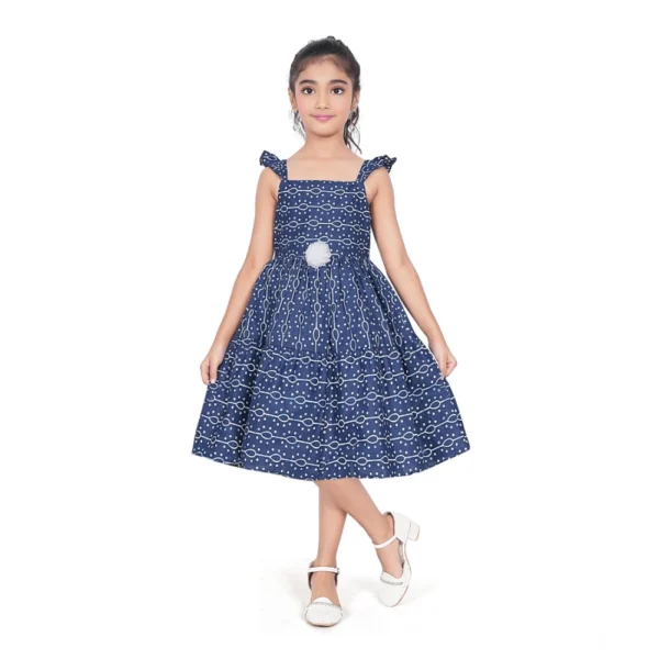 Generic Girl's Cotton Printed Sleeve Less Squre Neck Dress (Navy Blue)