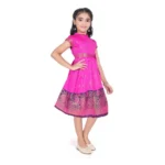 Generic Girl's Brocket Silk Printed Short Sleeve Close Neck Dress (Rani Pink) - Image 2