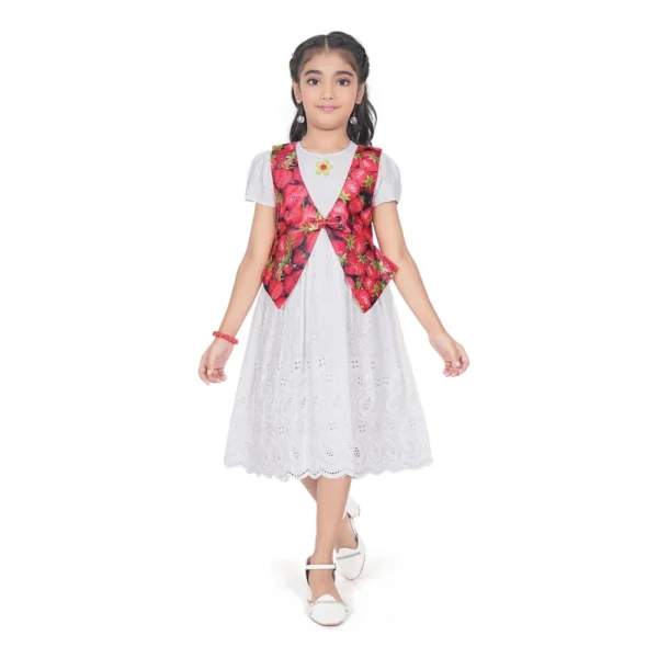 White Chicken Print Girls Dress