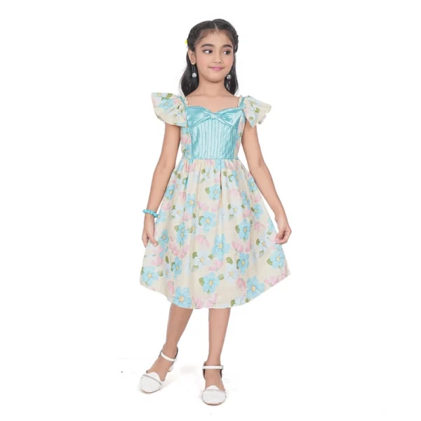 Sky Blue Popcorn Print Girls Dress