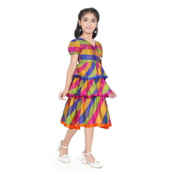 Multicolor Taffeta Silk Striped Dress for Girls