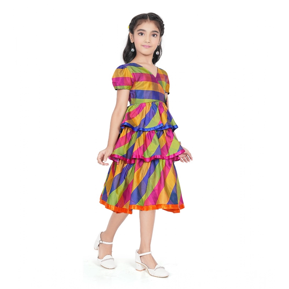 Multicolor Taffeta Silk Striped Dress for Girls