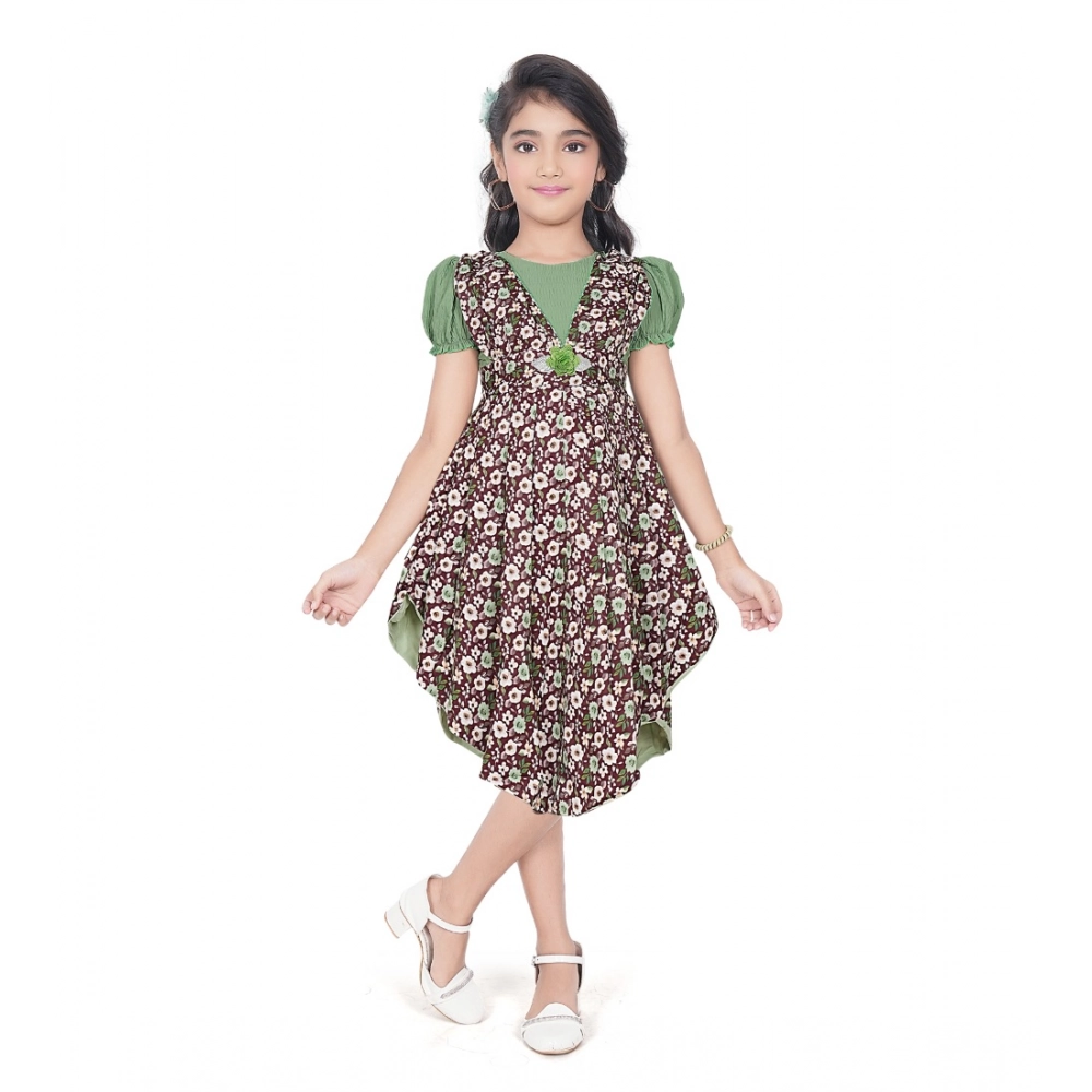 Green Twill Printed Dress for Girls