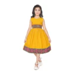 Generic Girl's Shiffon Printed Sleeve Less Round Neck Dress (Mustard Yellow)