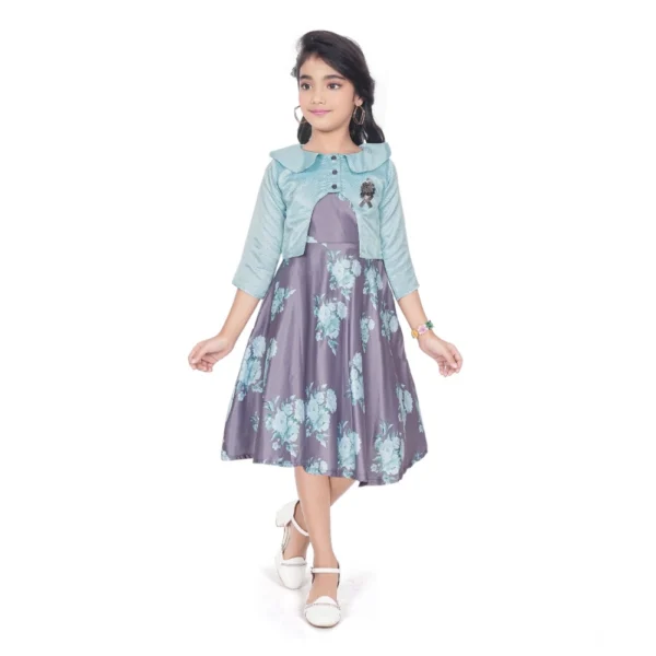 Sea Green Satin Printed Dress for Girls