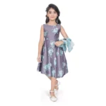 Generic Girl's Satin Printed Sleeve Less Round Neck Dress (Sea Green) - Image 4