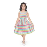 Generic Girl's Cotton Striped Sleeve Less Squre Neck Dress (Multicolor)