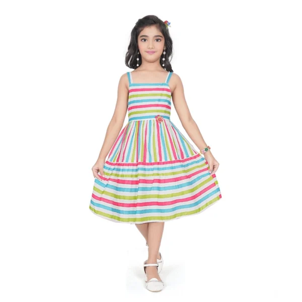 Generic Girl's Cotton Striped Sleeve Less Squre Neck Dress (Multicolor)