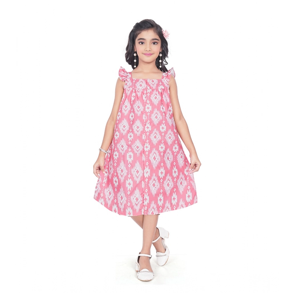 Pink Cotton Printed Sleeveless Dress for Girls