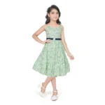 Sea Green Cotton Slub Printed Sleeveless Dress for Girls