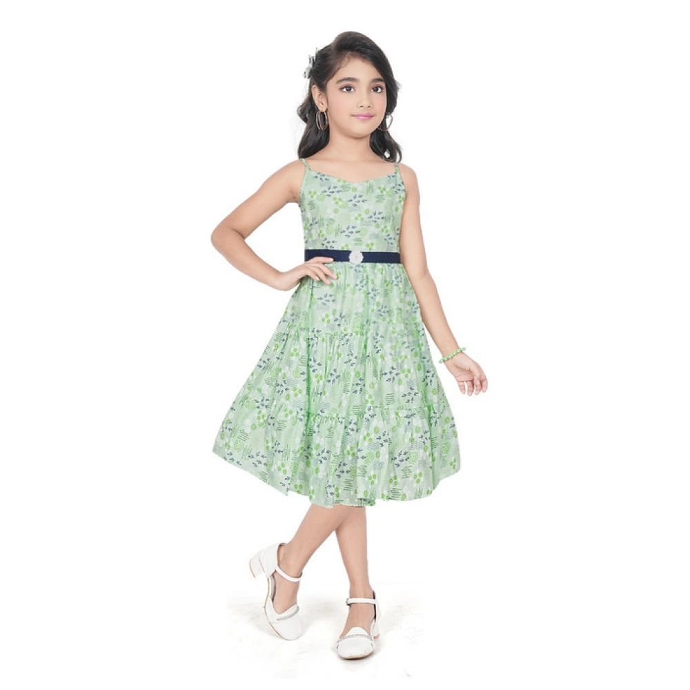 Sea Green Cotton Slub Printed Sleeveless Dress for Girls
