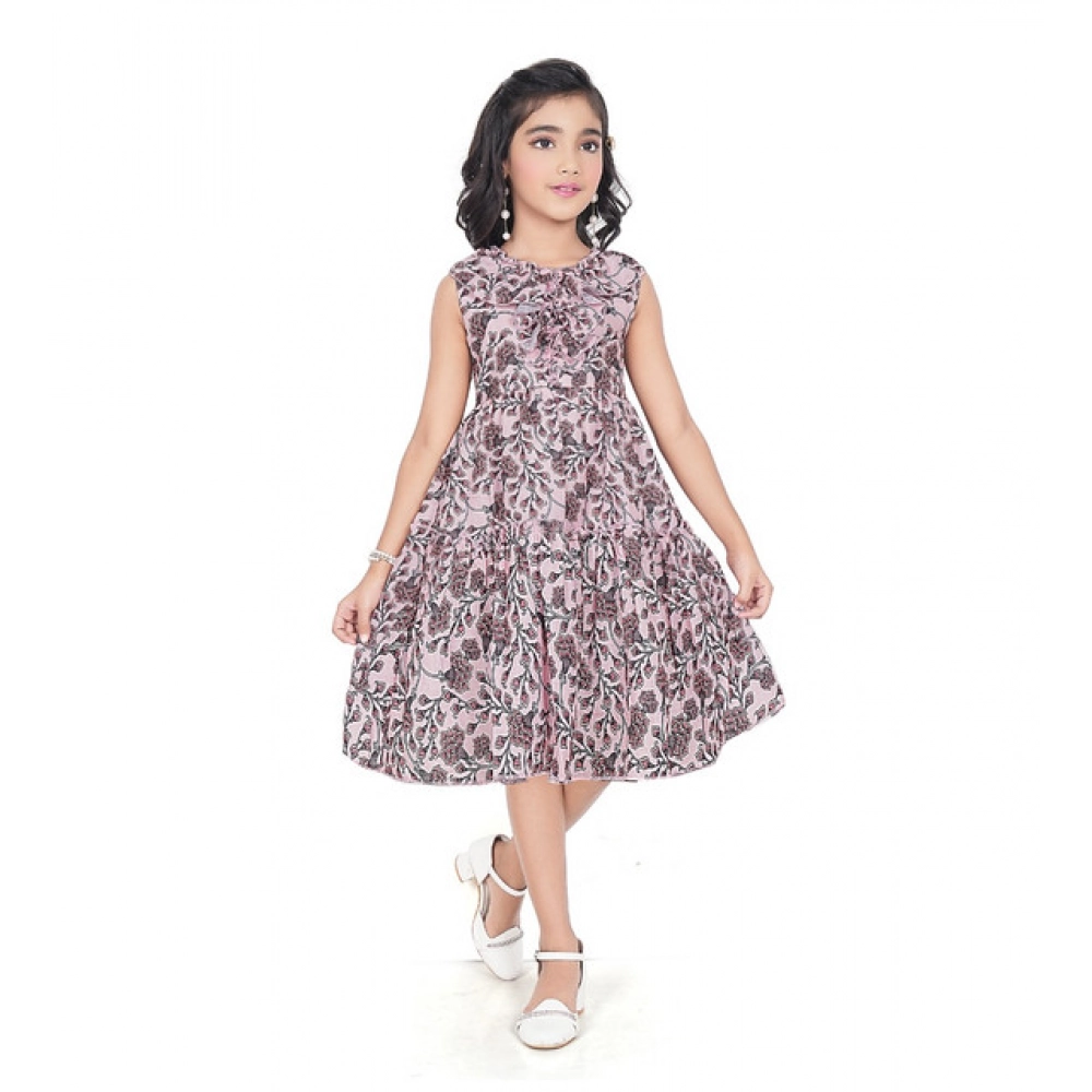 Brown Digital Slub Printed Sleeveless Dress for Girls
