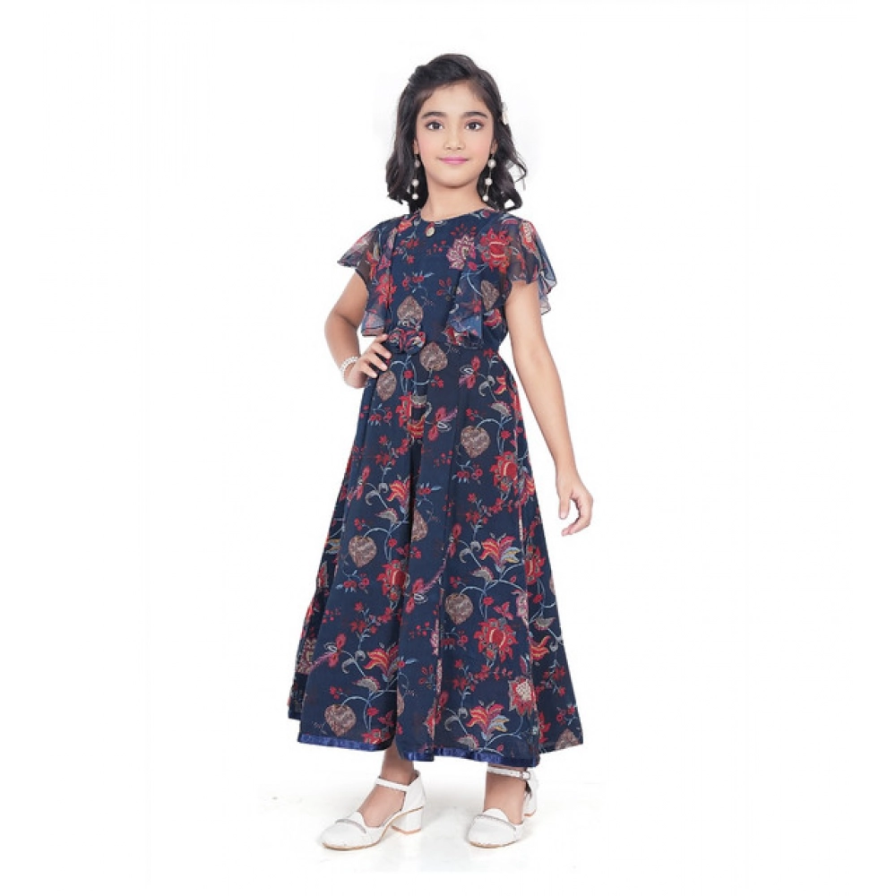 Blue Shiffon Printed Short Sleeve Dress for Girls