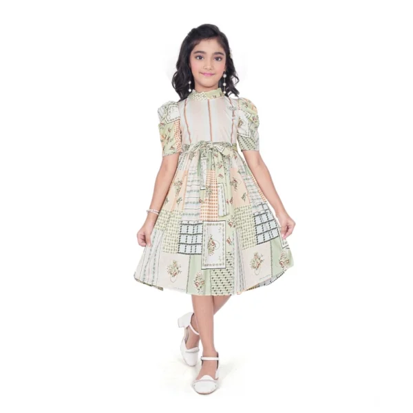 Light Green Digital Knitted Printed Dress for Girls