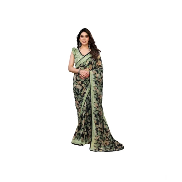 Green Chiffon Printed Saree with Unstitched Blouse