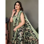 Generic Women's Chiffon Printed Saree With Unstitched Blouse 5.5Mtr (Green) - Image 3