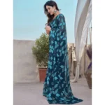 Generic Women's Chiffon Printed Saree With Unstitched Blouse 5.5Mtr (Blue) - Image 3