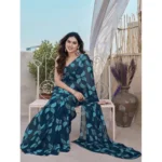 Generic Women's Chiffon Printed Saree With Unstitched Blouse 5.5Mtr (Blue) - Image 2