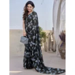 Generic Women's Chiffon Printed Saree With Unstitched Blouse 5.5Mtr (Black) - Image 2