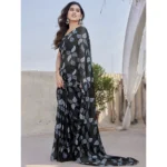 Generic Women's Chiffon Printed Saree With Unstitched Blouse 5.5Mtr (Black) - Image 3