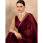 Generic Women's Jimmy Choo solid Saree With Unstitched Blouse 5.5Mtr (Wine ) - Image 2