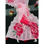 Pink Linen Cotton Printed Saree with Unstitched Blouse