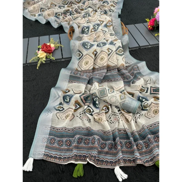 Grey Linen Cotton Printed Saree with Unstitched Blouse