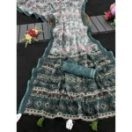 Blue Linen Cotton Printed Saree with Unstitched Blouse