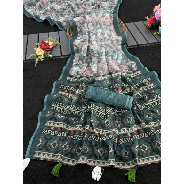 Blue Linen Cotton Printed Saree with Unstitched Blouse