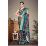 Generic Women's Cotton Silk  Printed Saree With Unstitched Blouse 5.5Mtr (Blue) - Image 3