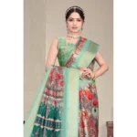 Generic Women's Cotton Silk  Printed Saree With Unstitched Blouse 5.5Mtr (Light Green) - Image 2