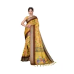 Yellow Cotton Silk Printed Saree for Women