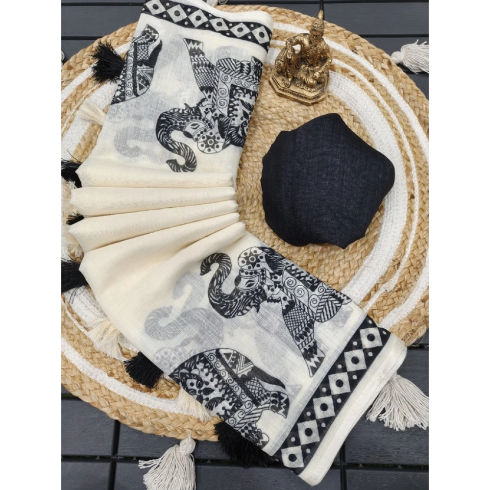 Cream Black Linen Cotton Saree