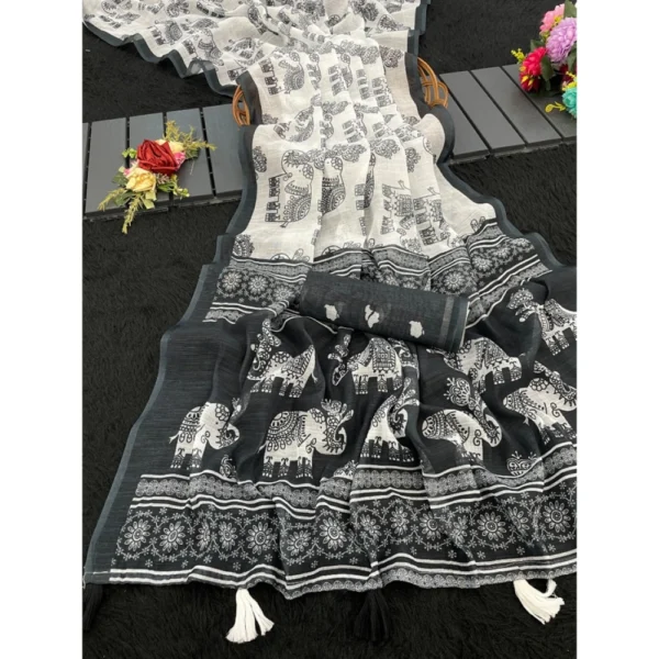 Black Linen Cotton Printed Saree for Women