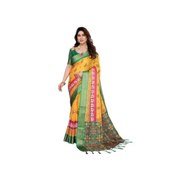 Yellow Cotton Silk Printed Saree for Women