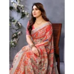 Generic Women's Linen Cotton  Printed Saree With Unstitched Blouse 5.5Mtr (Orange ) - Image 3