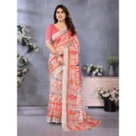 Generic Women's Linen Cotton  Printed Saree With Unstitched Blouse 5.5Mtr (Orange ) - Image 2