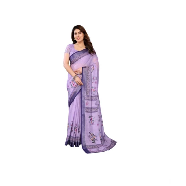 Purple Linen Cotton Printed Saree with Unstitched Blouse