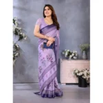 Generic Women's Linen Cotton  Printed Saree With Unstitched Blouse 5.5Mtr (Purple) - Image 2
