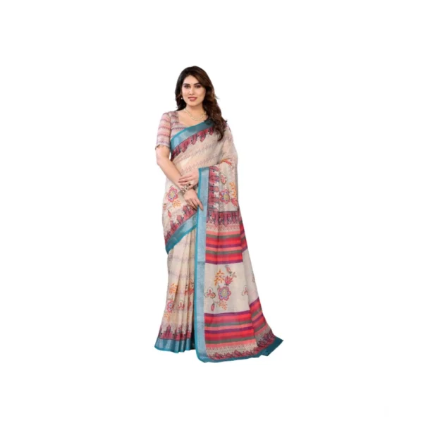 Cream Linen Cotton Printed Saree with Unstitched Blouse